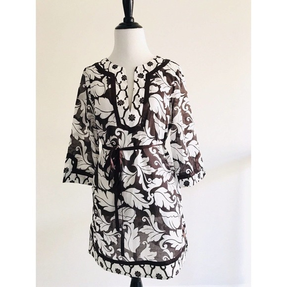 Bebe | Floral V-neck Tunic Size S Brown Silk Cotton Side Split Pullover Shirt - Picture 2 of 9